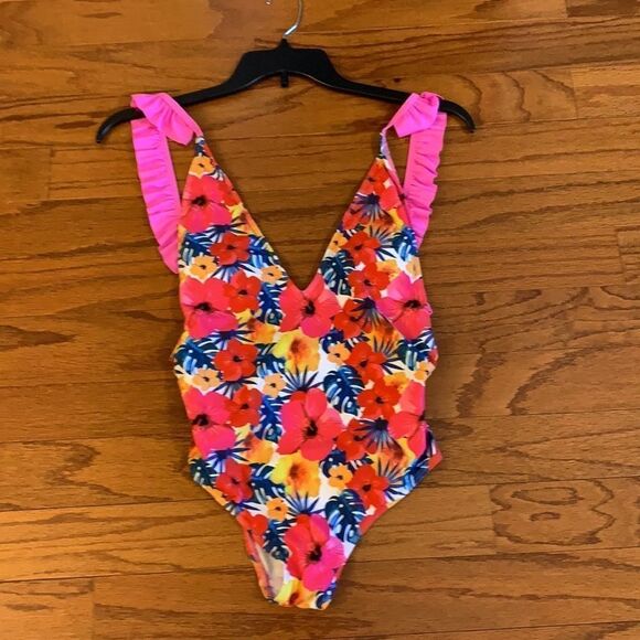 Size small pink, blue, red, yellow and white ruffle one piece swimsuit - Picture 7 of 7